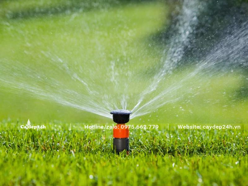 Thảm cỏ nhung nhật được tưới bằng hệ thống tự động